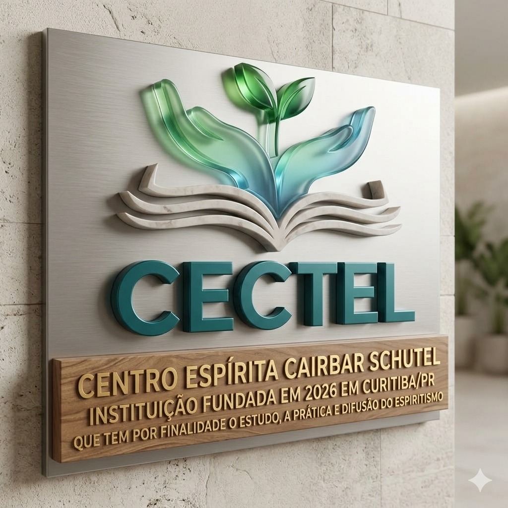 Placa institucional do CECTEL com mãos acolhendo um livro e um broto