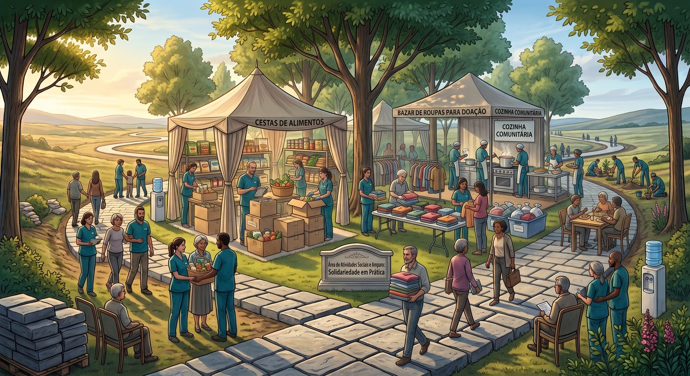 Ilustração das ações de assistência social do CECTEL: cestas de alimentos, bazar de roupas e cozinha comunitária